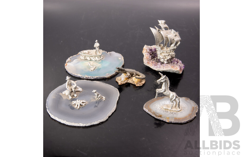 Collection Australian Themed Souvenir Ware Pewter Figures Mounted on Polished Semi Precious Stone Slices, Including Galleon on Amethyst