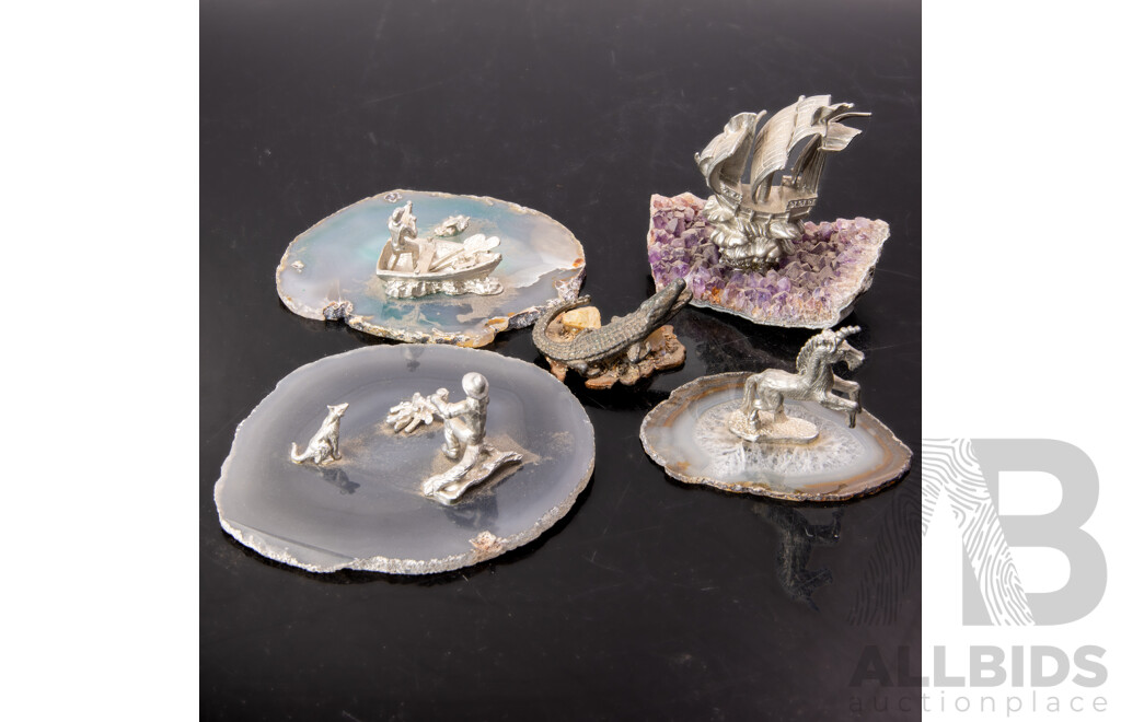 Collection Australian Themed Souvenir Ware Pewter Figures Mounted on Polished Semi Precious Stone Slices, Including Galleon on Amethyst