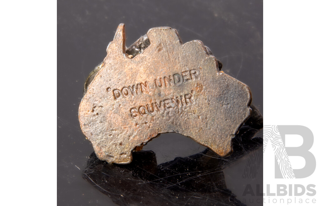Collection Australian Themed Souvenir Ware Pewter Figures Mounted on Polished Semi Precious Stone Slices, Including Galleon on Amethyst