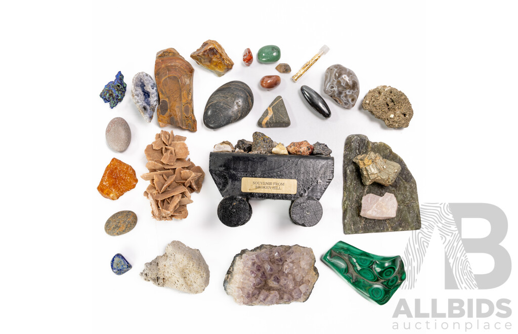 Collection Natural Mineral Specimens Including Amethyst, Azurite, Desert Rose, Malachite and More
