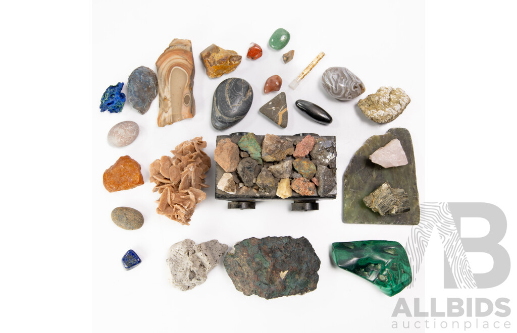 Collection Natural Mineral Specimens Including Amethyst, Azurite, Desert Rose, Malachite and More
