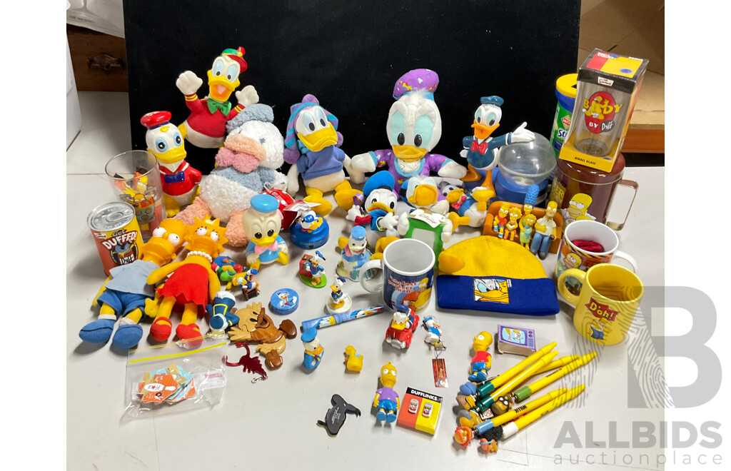 Collection of Vintage Donald Duck and Simpsons Merchandise Including Plush Figures, Cups, Pens, Money Boxes, Dress Shirt, Ties and More