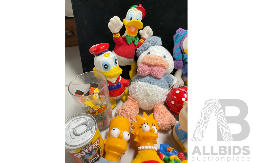 Collection of Vintage Donald Duck and Simpsons Merchandise Including Plush Figures, Cups, Pens, Money Boxes, Dress Shirt, Ties and More