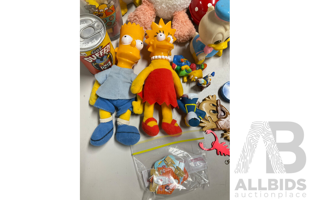 Collection of Vintage Donald Duck and Simpsons Merchandise Including Plush Figures, Cups, Pens, Money Boxes, Dress Shirt, Ties and More