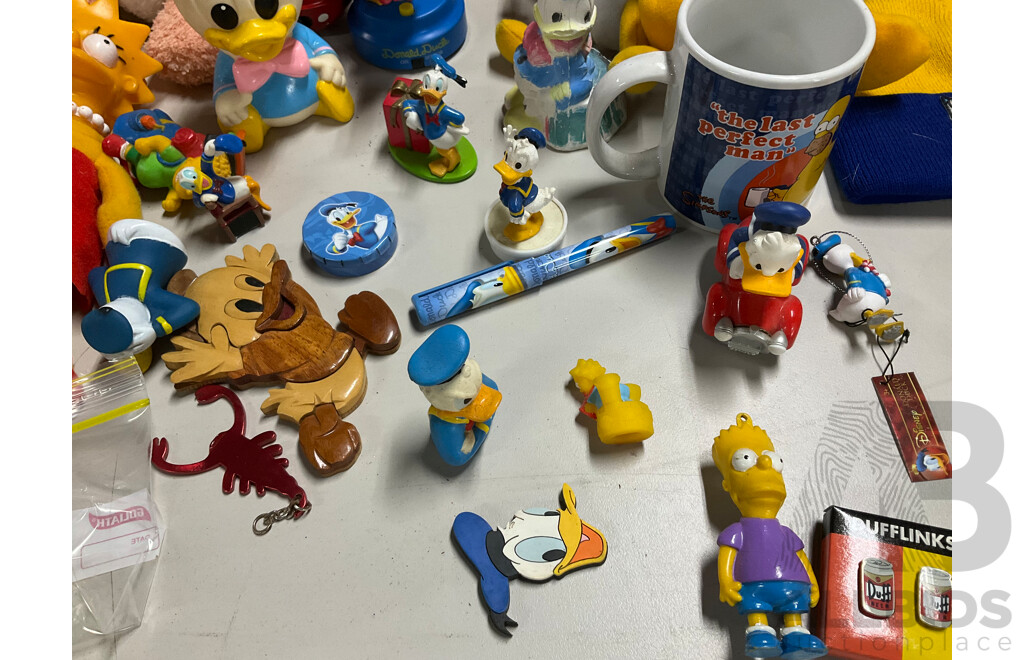 Collection of Vintage Donald Duck and Simpsons Merchandise Including Plush Figures, Cups, Pens, Money Boxes, Dress Shirt, Ties and More