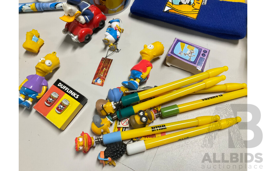 Collection of Vintage Donald Duck and Simpsons Merchandise Including Plush Figures, Cups, Pens, Money Boxes, Dress Shirt, Ties and More