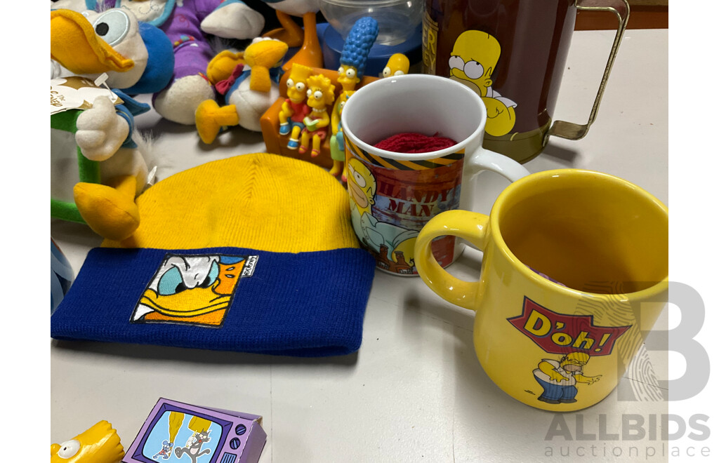 Collection of Vintage Donald Duck and Simpsons Merchandise Including Plush Figures, Cups, Pens, Money Boxes, Dress Shirt, Ties and More