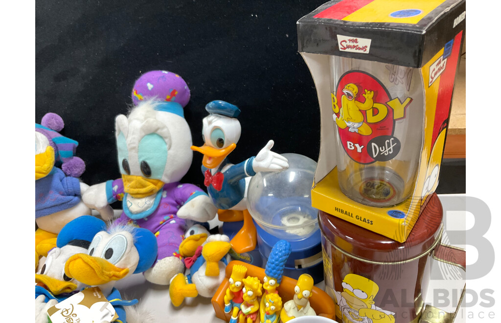 Collection of Vintage Donald Duck and Simpsons Merchandise Including Plush Figures, Cups, Pens, Money Boxes, Dress Shirt, Ties and More