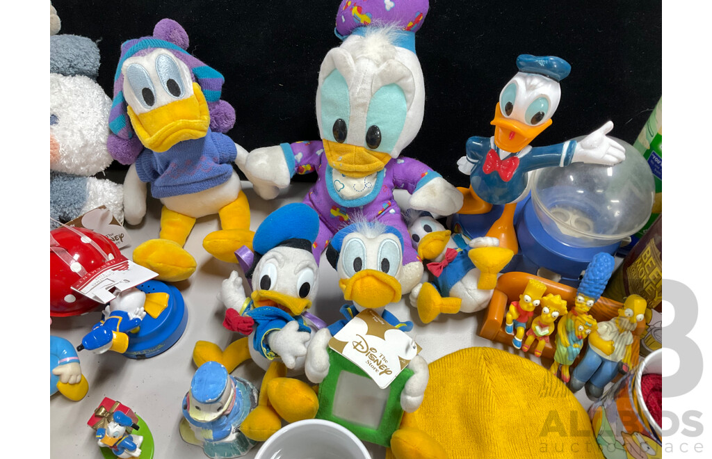 Collection of Vintage Donald Duck and Simpsons Merchandise Including Plush Figures, Cups, Pens, Money Boxes, Dress Shirt, Ties and More