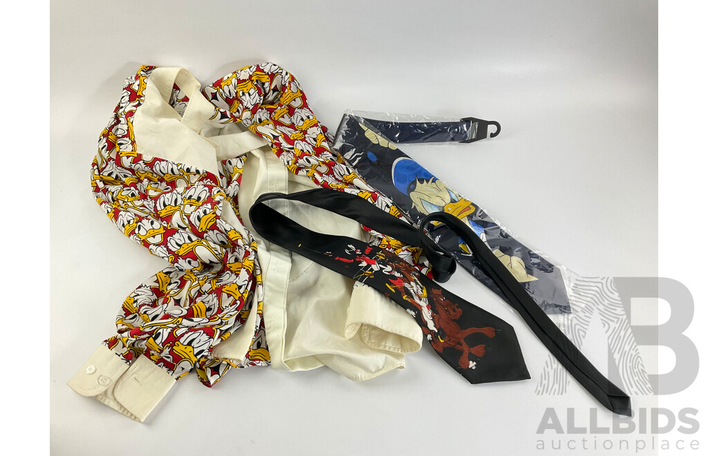 Collection of Vintage Donald Duck and Simpsons Merchandise Including Plush Figures, Cups, Pens, Money Boxes, Dress Shirt, Ties and More