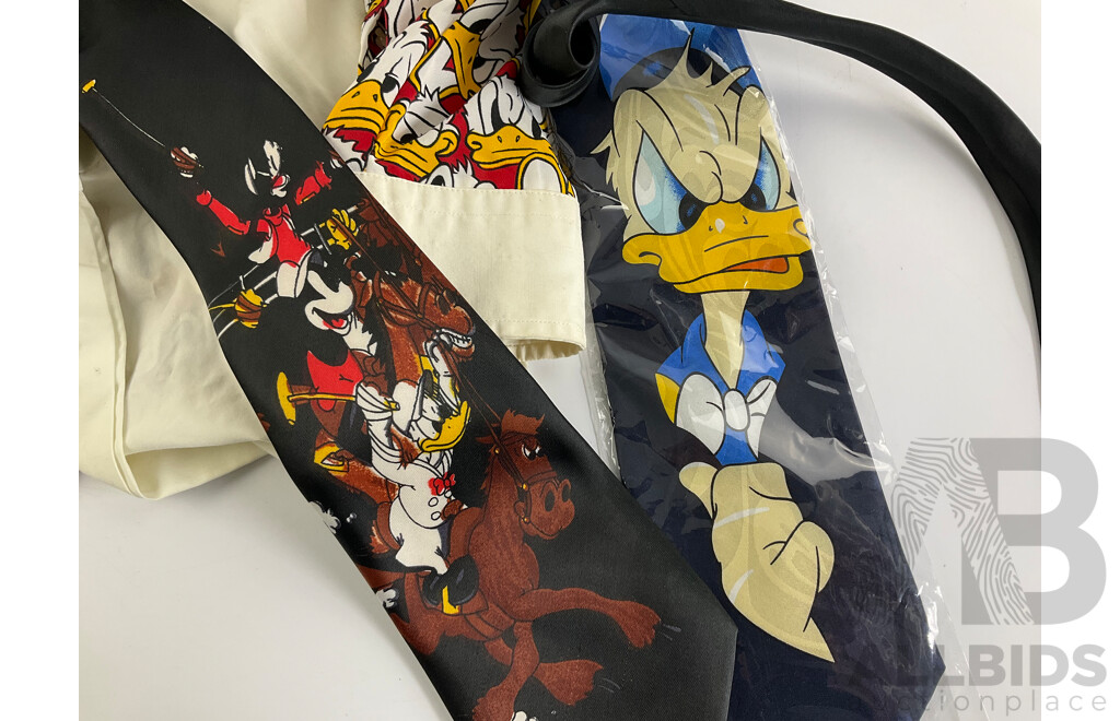 Collection of Vintage Donald Duck and Simpsons Merchandise Including Plush Figures, Cups, Pens, Money Boxes, Dress Shirt, Ties and More