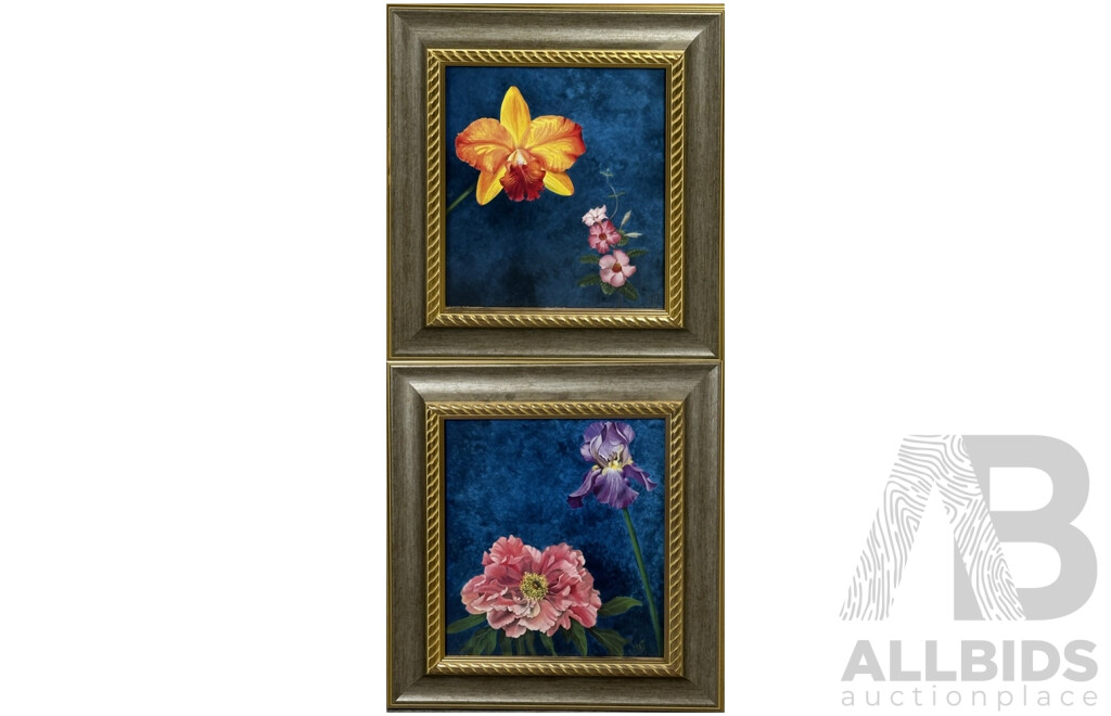 Janet Wilson (20th Century), Orange Orchid [Floral Calm III] & Floral Calm IV [Peony with Iris], Lovely Pair of High Quality Colour Prints, 40.5 x 37.5 cm (frames) (2)