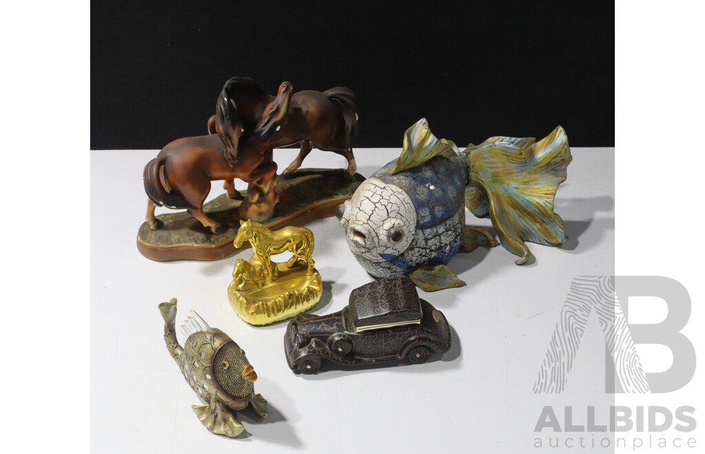 Collection Decorative Items Including Two Ceramic Horse Sculptures, Composite Chinese Fish Figure and More