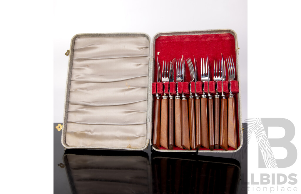 Mid Century Set 12 Stainless Steel Knives & Forks with Teak Handles by Cutlass Sheffield in Original Case