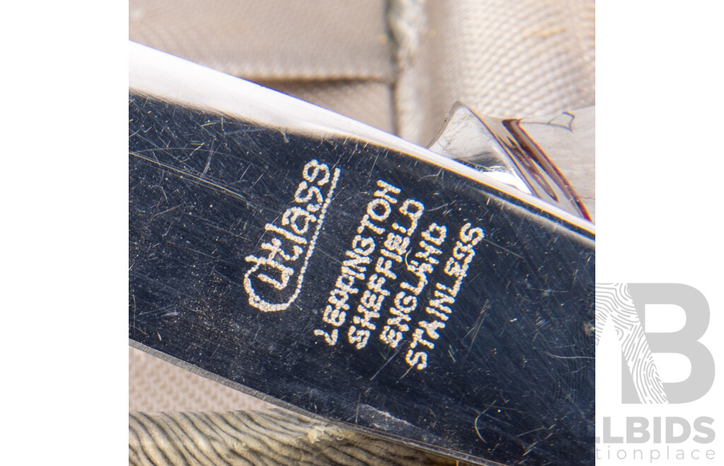 Mid Century Set 12 Stainless Steel Knives & Forks with Teak Handles by Cutlass Sheffield in Original Case