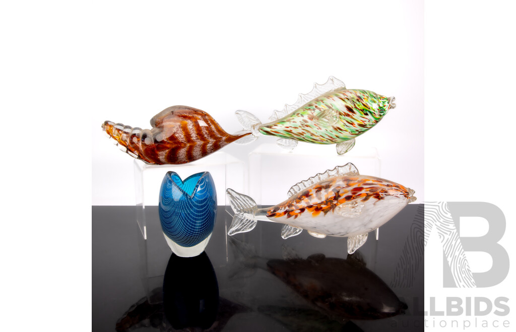 Two Mid Century Murano Glass Fish Figures Along with Murano Glass Shell and Another Mid Century Vase