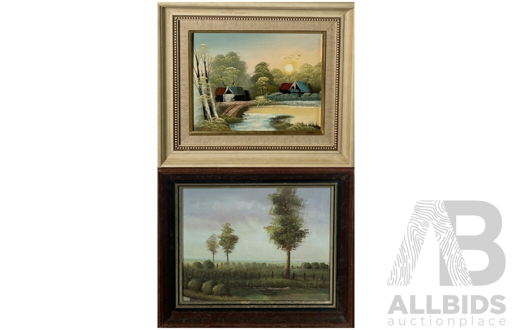 Artists Unknown, (20th Century), Green Fields by Water & Cabins at Moonlight, Wonderful Pair of Original Vintage Oil on Canvas Boards, 32 X 37 Cm (larger Frame) (2)