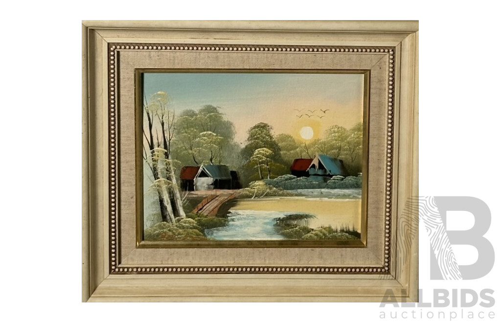 Artists Unknown, (20th Century), Green Fields by Water & Cabins at Moonlight, Wonderful Pair of Original Vintage Oil on Canvas Boards, 32 X 37 Cm (larger Frame) (2)