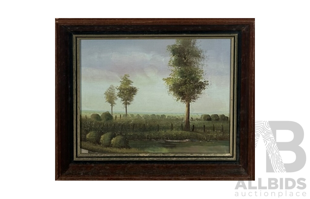 Artists Unknown, (20th Century), Green Fields by Water & Cabins at Moonlight, Wonderful Pair of Original Vintage Oil on Canvas Boards, 32 X 37 Cm (larger Frame) (2)