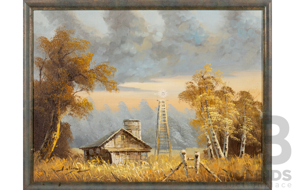 Artist Unknown, (20th Century), Country House with Windmill & Country House by Snowy Mountain Range, Lovely Pair of Vintage Oils on Canvas Board, 50 x 65 cm (frames) (2)