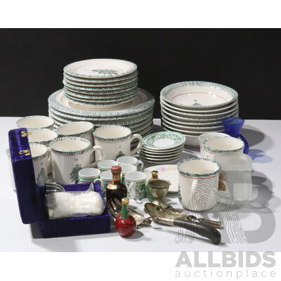 Collection Decorative Items and Crockery Including 24 Piece Christmas Themed Dinner Set, Silver Plate Goblets in Case and More