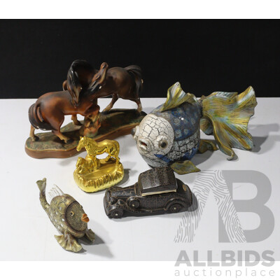 Collection Decorative Items Including Two Ceramic Horse Sculptures, Composite Chinese Fish Figure and More