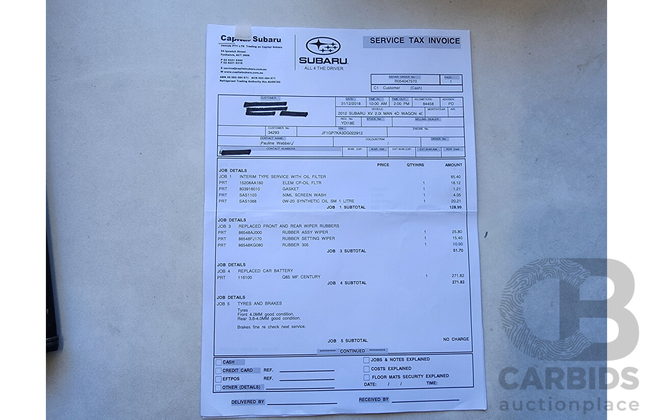 11/2012 Subaru XV 2.0i-S MY13 4d Wagon White 2.0L