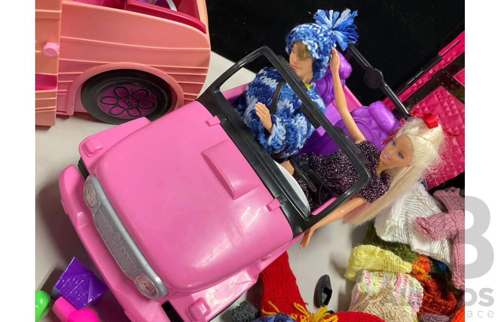 Collection of Vintage Barbie Accessories Including Hand Knitted Garments, Wardrobe, Pool Toys, Cars, Handbags and More