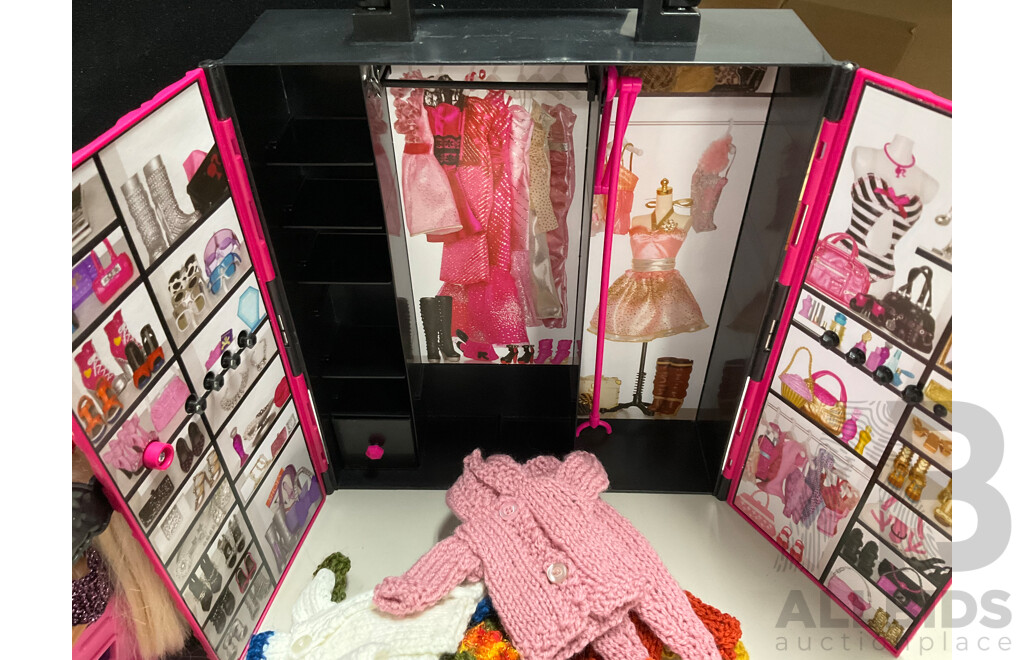 Collection of Vintage Barbie Accessories Including Hand Knitted Garments, Wardrobe, Pool Toys, Cars, Handbags and More