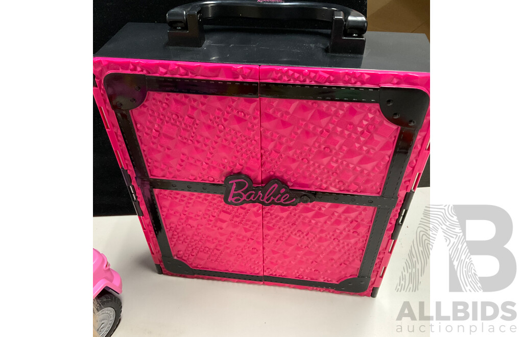 Collection of Vintage Barbie Accessories Including Hand Knitted Garments, Wardrobe, Pool Toys, Cars, Handbags and More