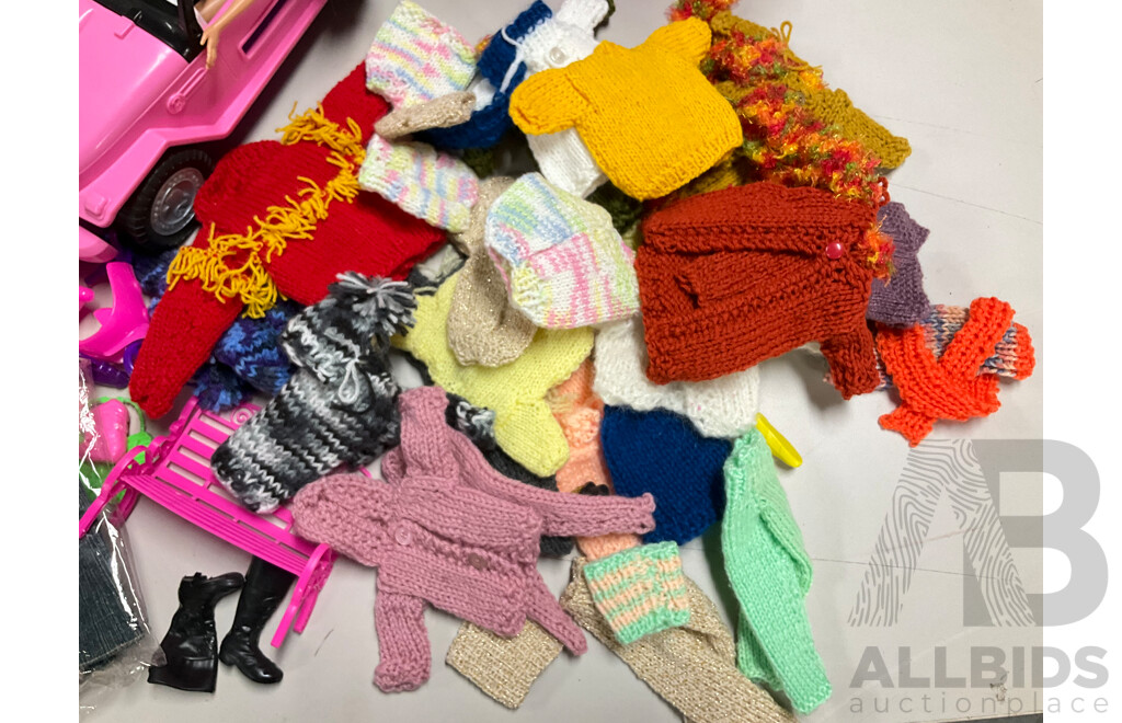 Collection of Vintage Barbie Accessories Including Hand Knitted Garments, Wardrobe, Pool Toys, Cars, Handbags and More