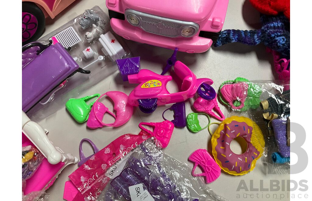 Collection of Vintage Barbie Accessories Including Hand Knitted Garments, Wardrobe, Pool Toys, Cars, Handbags and More