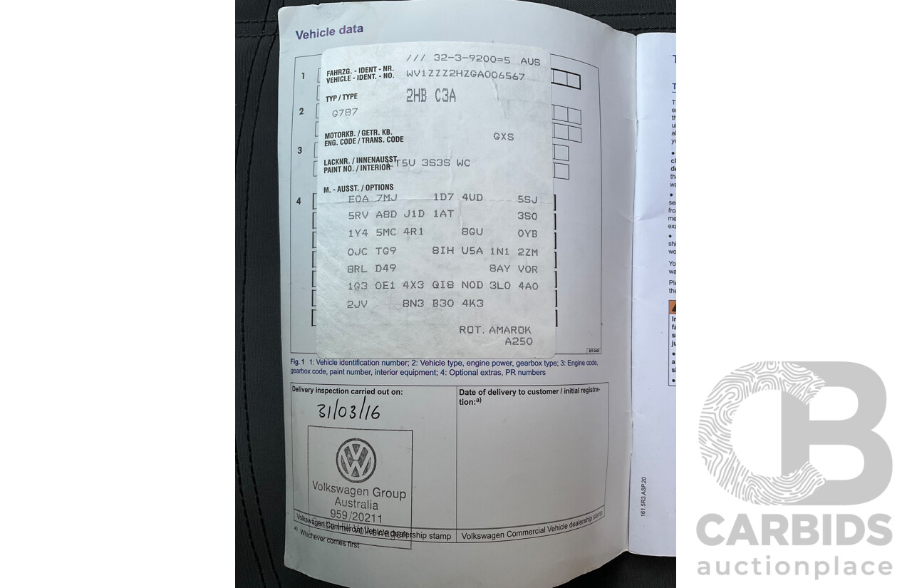 03/2016 Volkswagen Amarok TDI420 Highline (4x4) 4x4 2H MY16 Dual Cab Utility Starlight Blue Metallic Turbo Diesel 2.0L