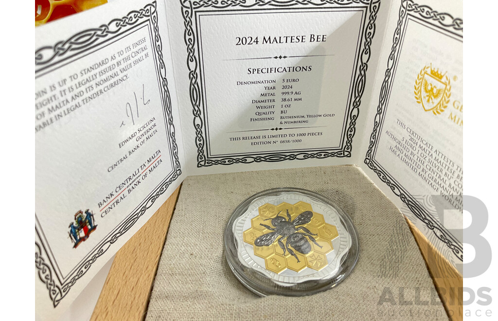 Maltese, Gemania Mint 2024 Silver Proof and Gold Plated Five Euro Coin, Maltese Bee .999