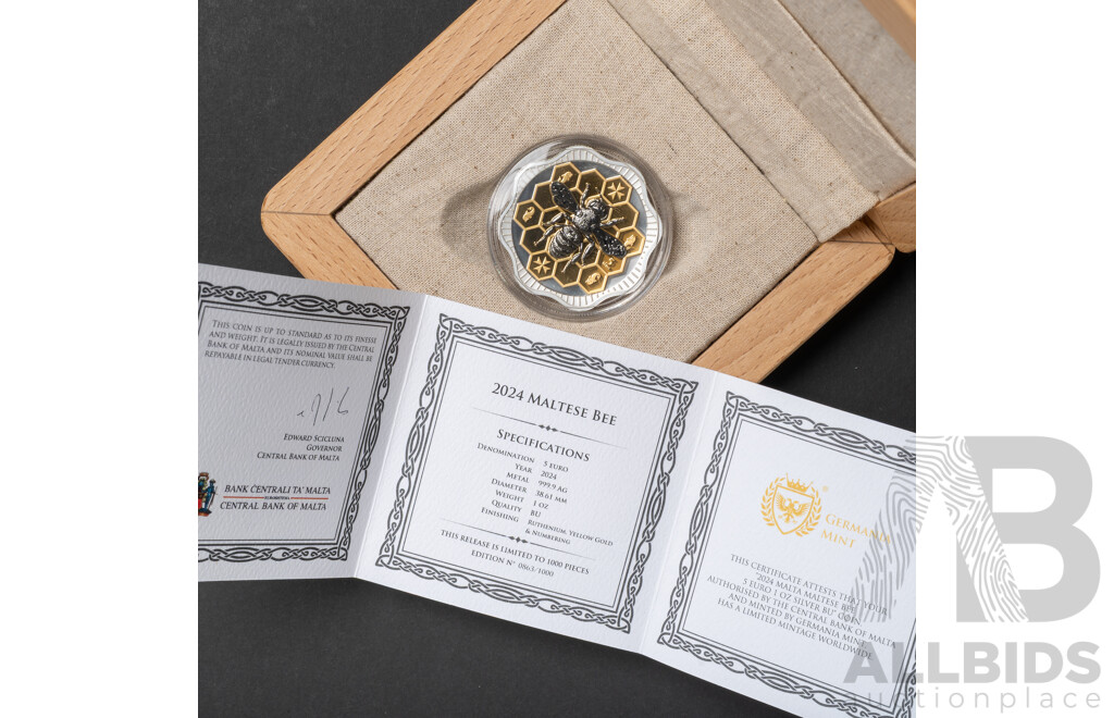 Maltese, Gemania Mint 2024 Silver Proof and Gold Plated Five Euro Coin, Maltese Bee .999