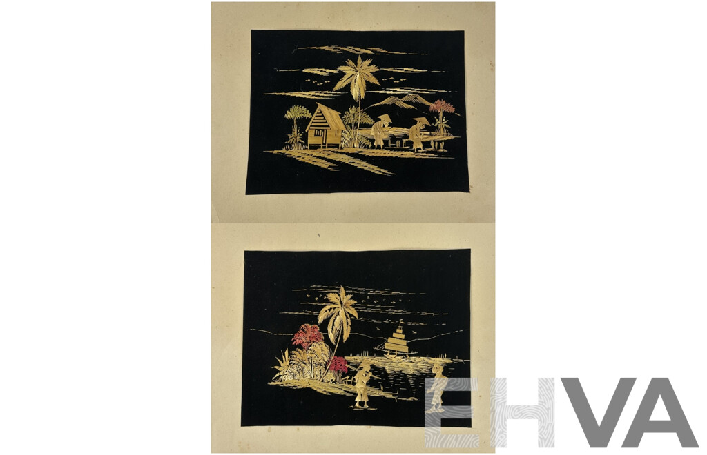 Artist Unkknown, (20th Century, Asian School), Village Life - Tending Field & Boat on Horizon, Pair Unframed Hand Made Vintage Straw on Black Velvet Panels, 25 x 33 cm (images) (2)