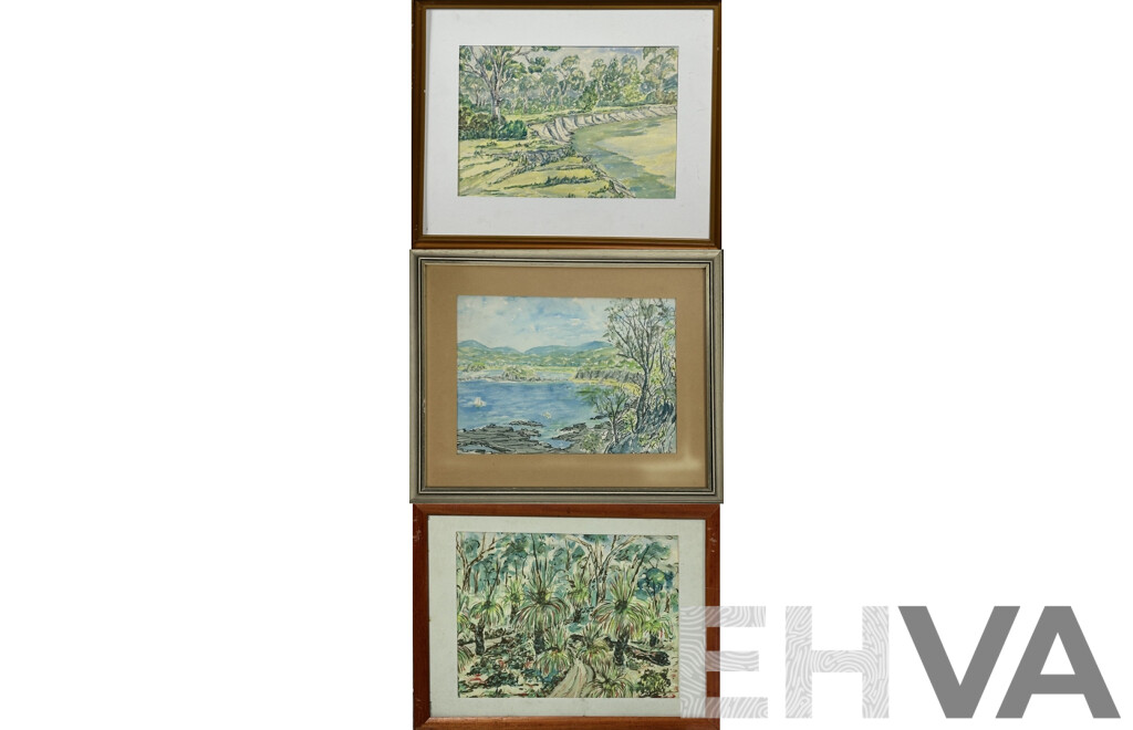 Ken Meares, (20th C., Australian), Black Boys (Jerusalem Creek), Bundaberg, (Qld) & Sunpatch (NSW), Collection of Three Pencil,  Ink & Watercolours, 40 x 49 cm (largest frame) (3)