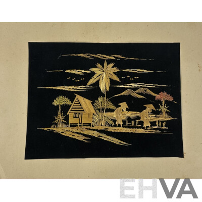 Artist Unkknown, (20th Century, Asian School), Village Life - Tending Field & Boat on Horizon, Pair Unframed Hand Made Vintage Straw on Black Velvet Panels, 25 x 33 cm (images) (2)