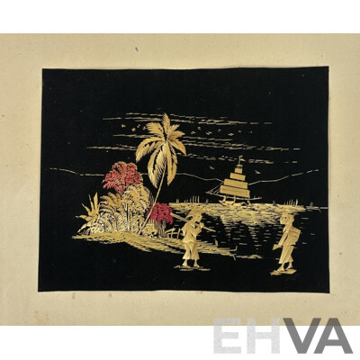 Artist Unkknown, (20th Century, Asian School), Village Life - Tending Field & Boat on Horizon, Pair Unframed Hand Made Vintage Straw on Black Velvet Panels, 25 x 33 cm (images) (2)