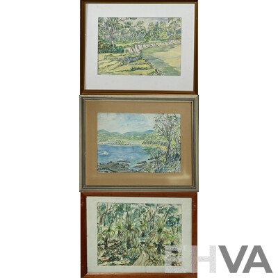 Ken Meares, (20th C., Australian), Black Boys (Jerusalem Creek), Bundaberg, (Qld) & Sunpatch (NSW), Collection of Three Pencil,  Ink & Watercolours, 40 x 49 cm (largest frame) (3)