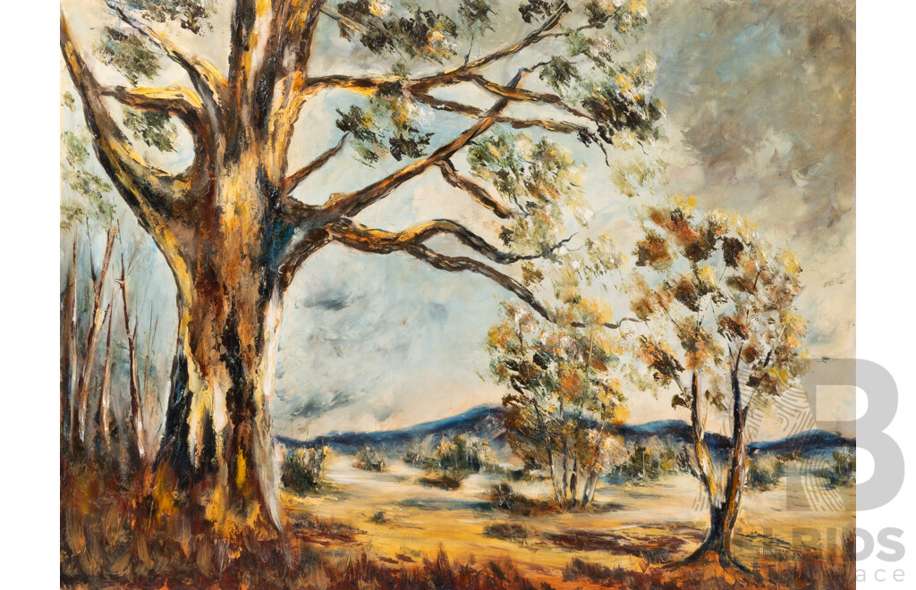 Hans Rusjven (20th Century, Dutch-Australian), Large Gum Tree with View to Blue Mountains, Vintage Oil on Board, 46 x 61 cm