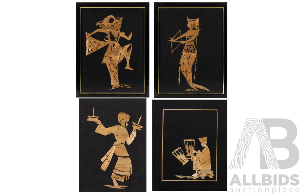 Artist Unknown, (20th Century, Asian School), Collection of Four Vintage Figures, Straw on Black Cloth, 44 x 34 cm (frames) (4)