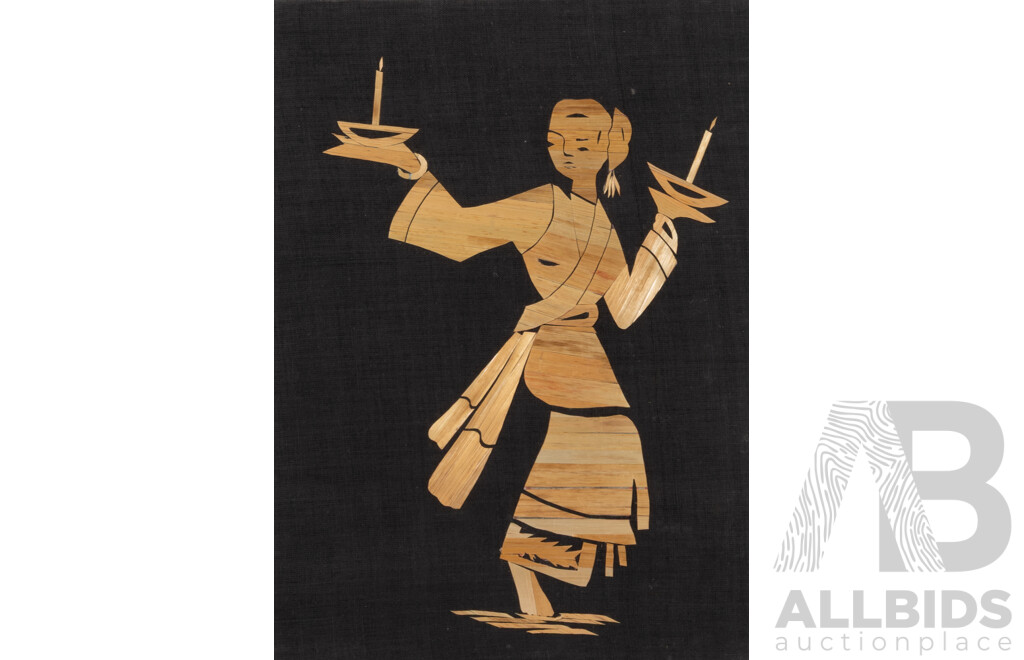 Artist Unknown, (20th Century, Asian School), Collection of Four Vintage Figures, Straw on Black Cloth, 44 x 34 cm (frames) (4)