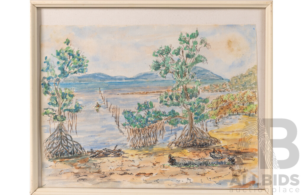 Ken Meares, (20th Century, Australian), Lone Boat Ride, Lovely Vintage Ink and Watercolour, 32 x 40 cm (frame)