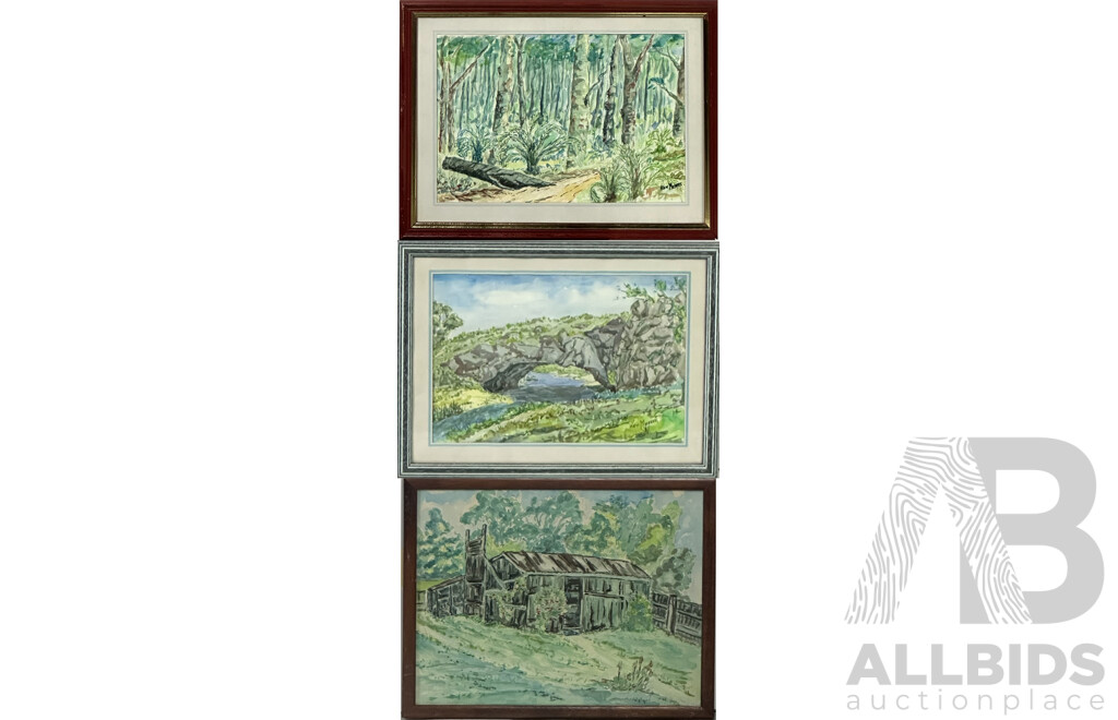 Ken Meares, (20th C. Australian), Trio of Verdant Landscapes, Watercolours, 32 X 42 Cm (largest Frame)