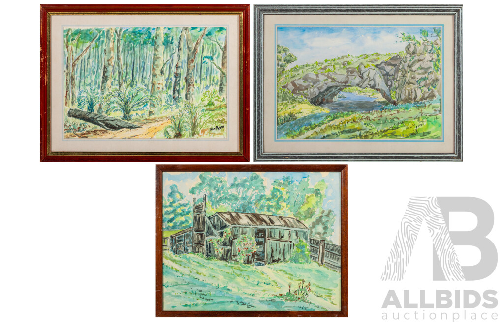 Ken Meares, (20th C. Australian), Trio of Verdant Landscapes, Watercolours, 32 X 42 Cm (largest Frame)