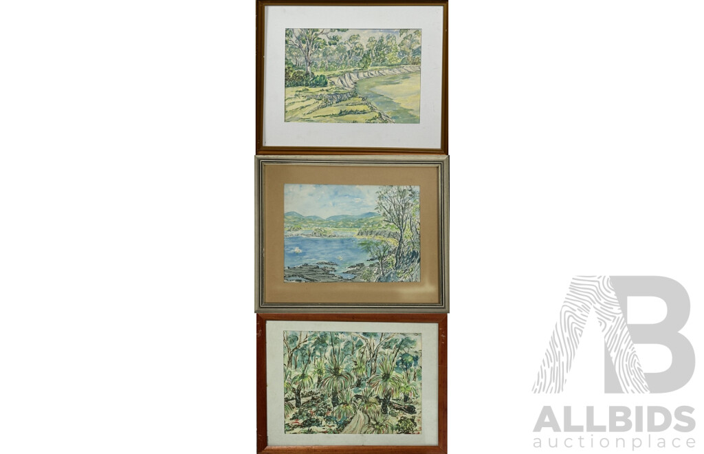 Ken Meares, (20th C., Australian), Black Boys (Jerusalem Creek), Bundaberg, (Qld) & Sunpatch (NSW), Collection of Three Pencil,  Ink & Watercolours, 40 x 49 cm (largest frame) (3)