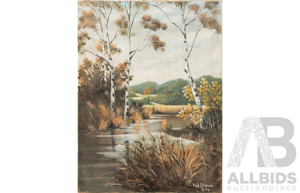 Fred Sherwin, (20th Century, Active c1970s), Tranquil River (1970), Wonderful Vintage Oil on Canvas Cloth, 61 x 45.5 cm