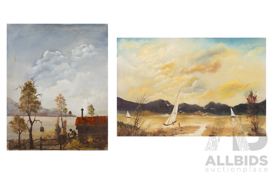 Fred Sherwin (20th Century, Active C1970s), Children with Sailboats & Fixing The Fence (Both1970s), Pair of Vintage Oil on Masonite Boards, 41 x 61 cm (larger work) (2)
