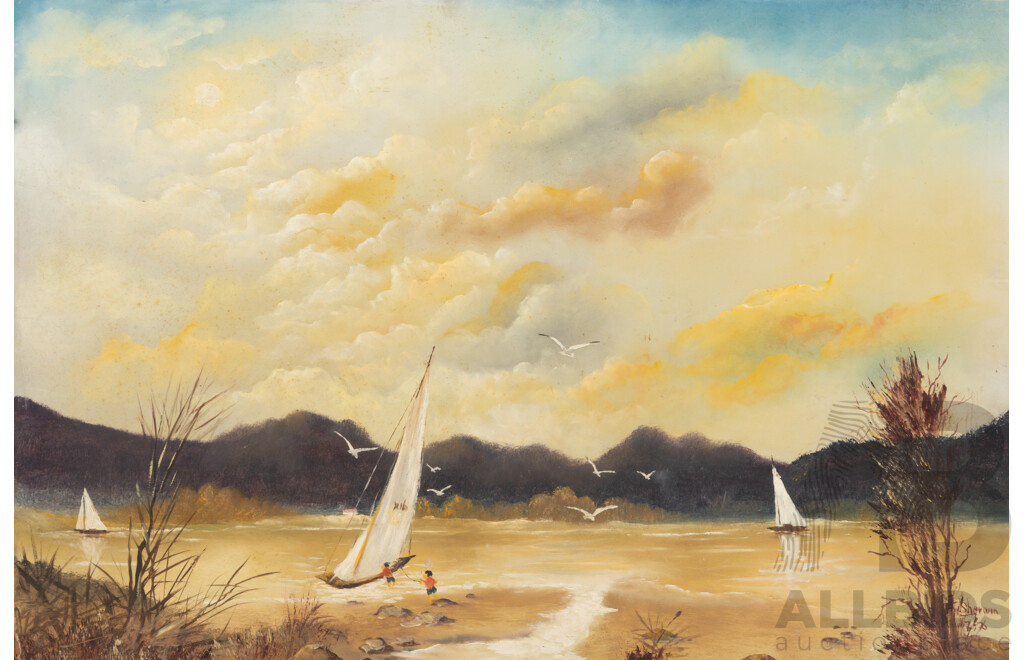 Fred Sherwin (20th Century, Active C1970s), Children with Sailboats & Fixing The Fence (Both1970s), Pair of Vintage Oil on Masonite Boards, 41 x 61 cm (larger work) (2)